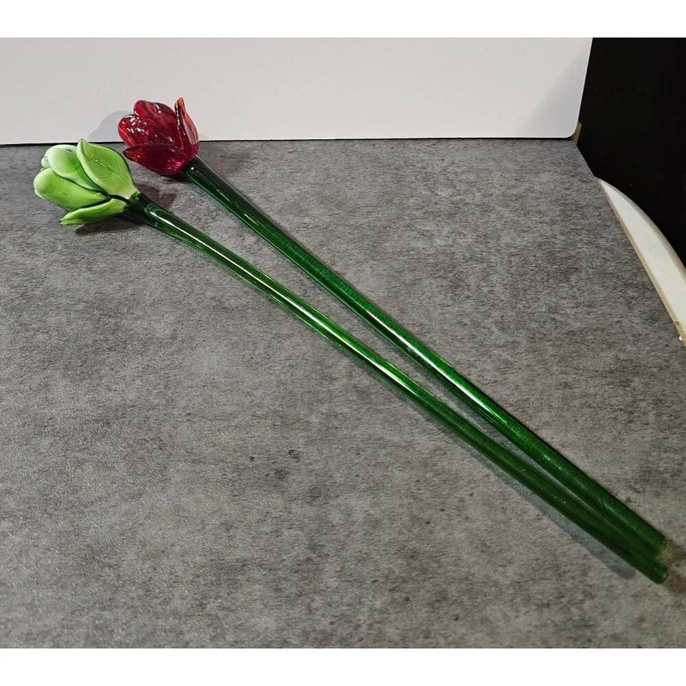 Pair of Hand-Blown Art Glass Flowers – 14